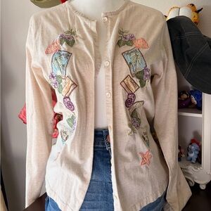 Karen Scott Beige Cardigan with Tropical Embroidery